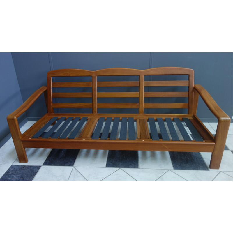 Vintage blue 3 seat teak sofa, 1960s