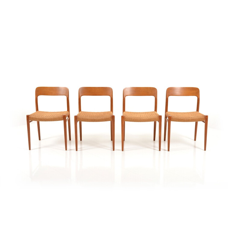 Set of 4 J.L Møllers dining chairs in teak and papercord, Niels Otto MØLLER - 1960s