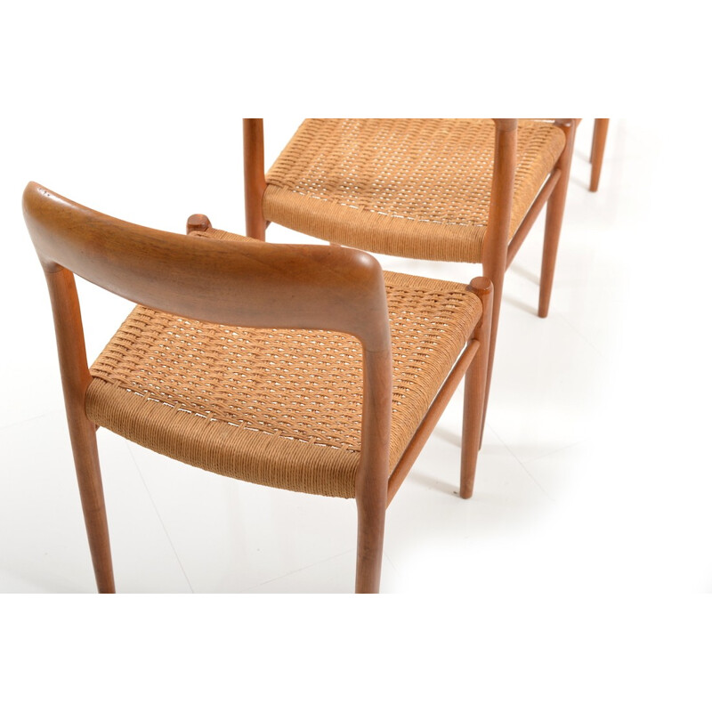 Set of 4 J.L Møllers dining chairs in teak and papercord, Niels Otto MØLLER - 1960s
