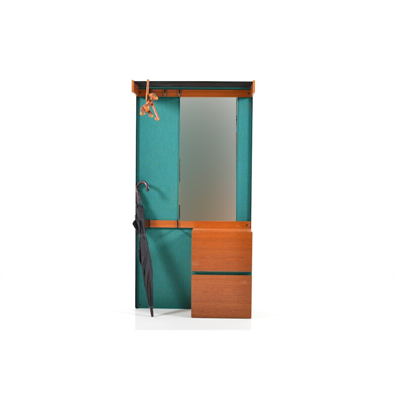 Mid-century teak wardrobe in turquoise fabric with mirror - 1960s