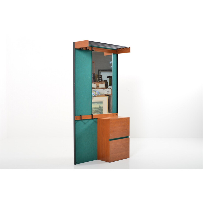 Mid-century teak wardrobe in turquoise fabric with mirror - 1960s