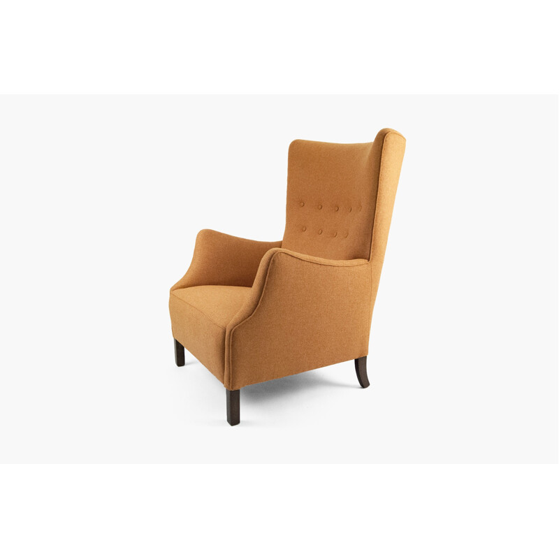 Danish wing back chair in beechwood and orange fabric - 1940s
