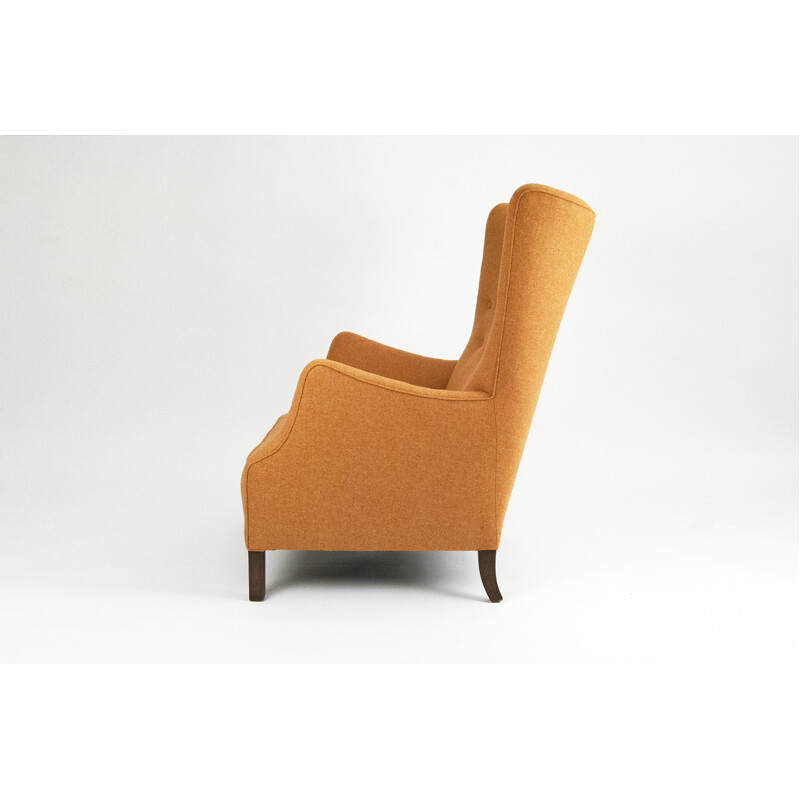 Danish wing back chair in beechwood and orange fabric - 1940s