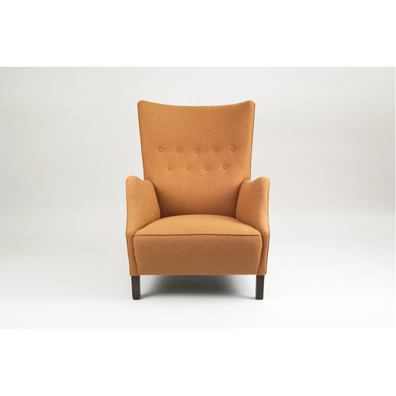 Fauteuil retapissé scandinave en hêtre et tissu orange - 1940