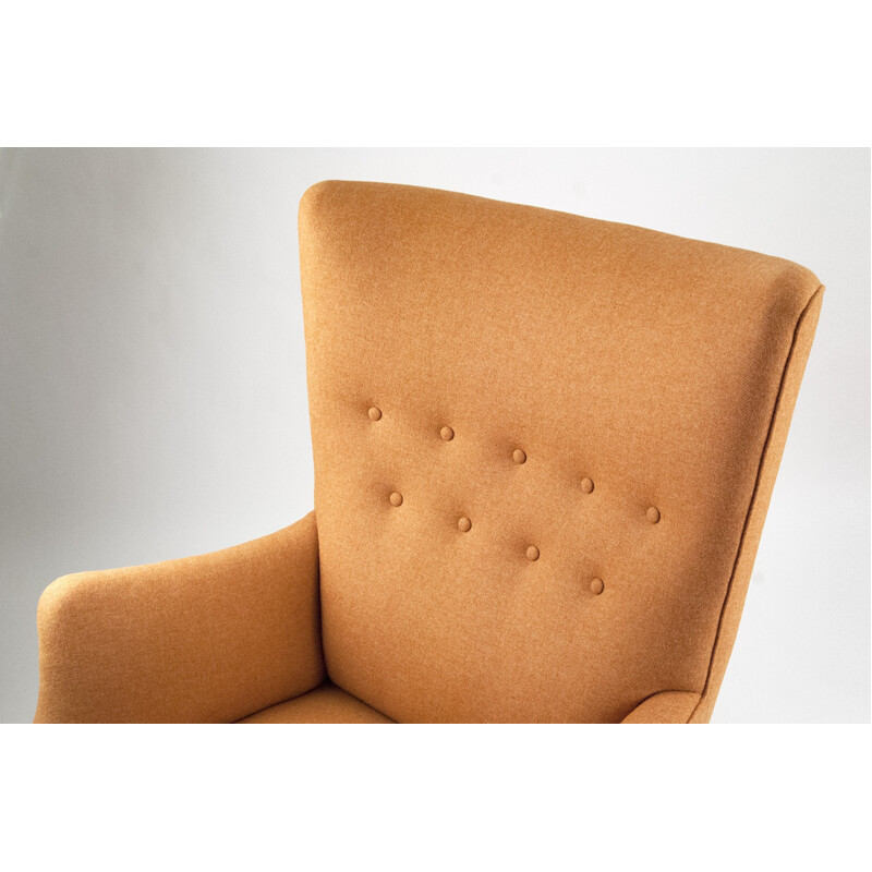 Danish wing back chair in beechwood and orange fabric - 1940s