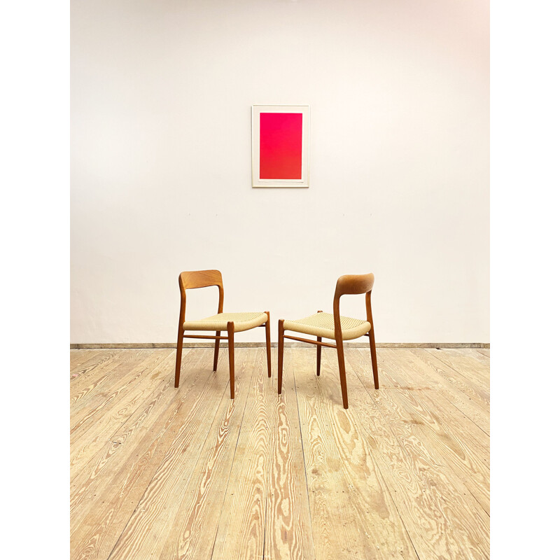 Pair of mid century model 75 teak dining chairs by Niels O. Møller for J.L. Moller, Denmark, 1950s