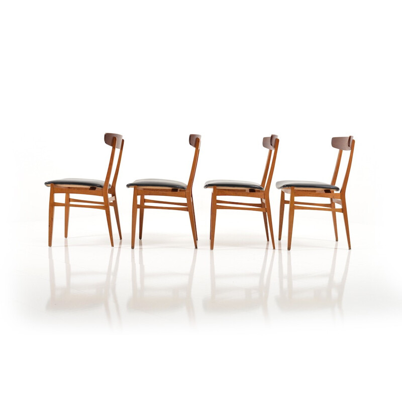 Ensemble de 4 chaises scandinaves vintage en teck et simili cuir noir, 1950