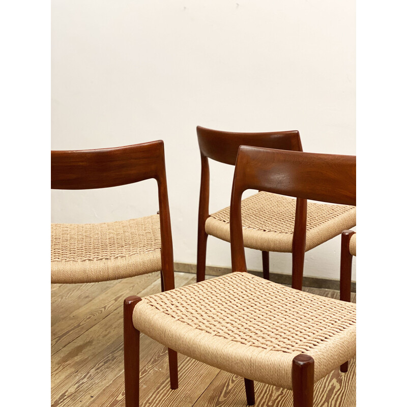 Vintage set of 4 model 77 teak and paper cord dining chairs by Niels O. Møller for J.L. Moller, Denmark 1950s