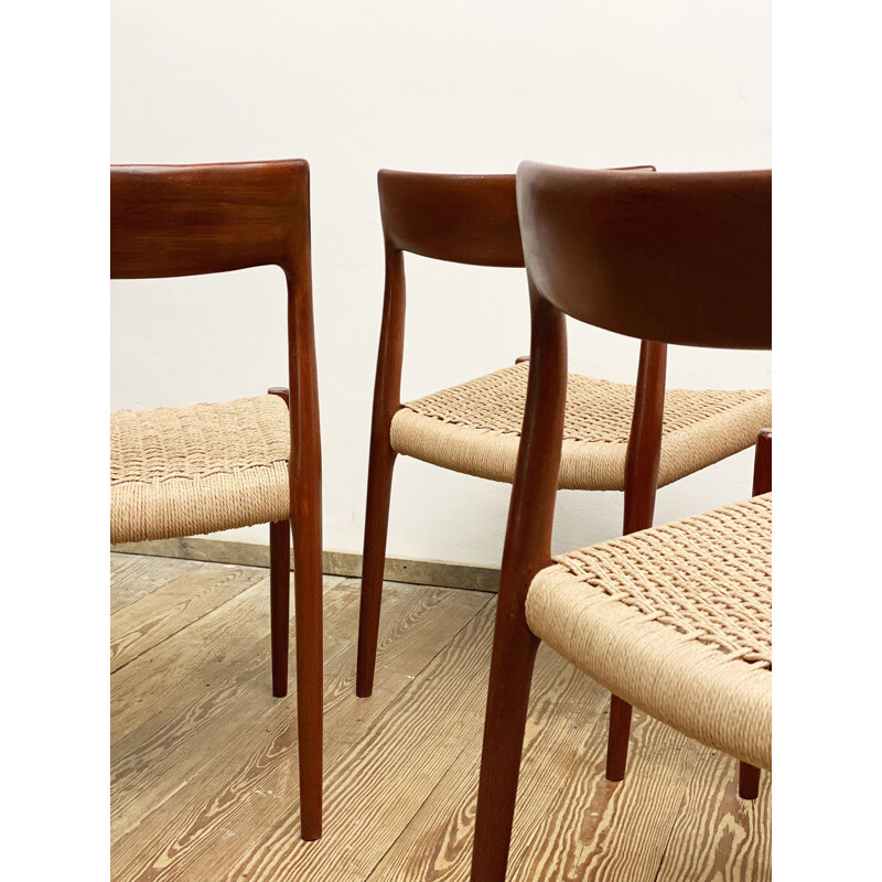 Vintage set of 4 model 77 teak and paper cord dining chairs by Niels O. Møller for J.L. Moller, Denmark 1950s