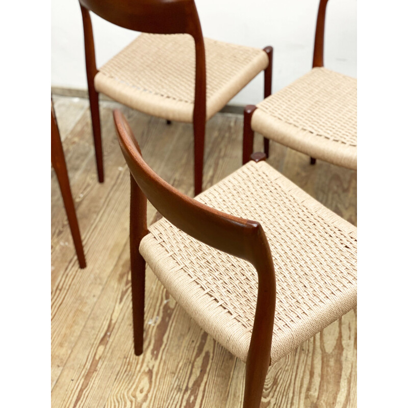 Vintage set of 4 model 77 teak and paper cord dining chairs by Niels O. Møller for J.L. Moller, Denmark 1950s