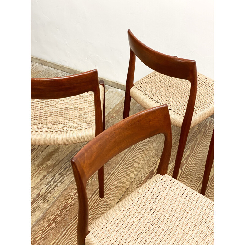 Vintage set of 4 model 77 teak and paper cord dining chairs by Niels O. Møller for J.L. Moller, Denmark 1950s