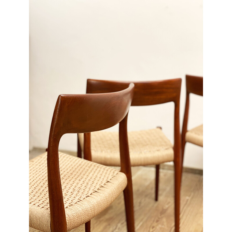 Vintage set of 4 model 77 teak and paper cord dining chairs by Niels O. Møller for J.L. Moller, Denmark 1950s