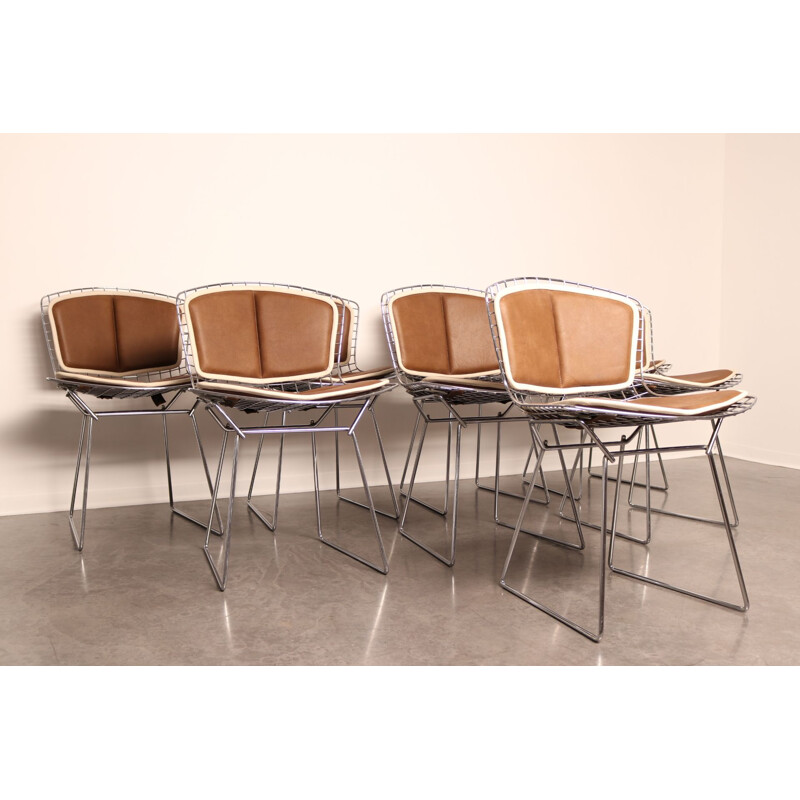 Set of 8 vintage chrome plated steel and leather dining chairs model 420 by H. Bertoia for Knoll, 1960s