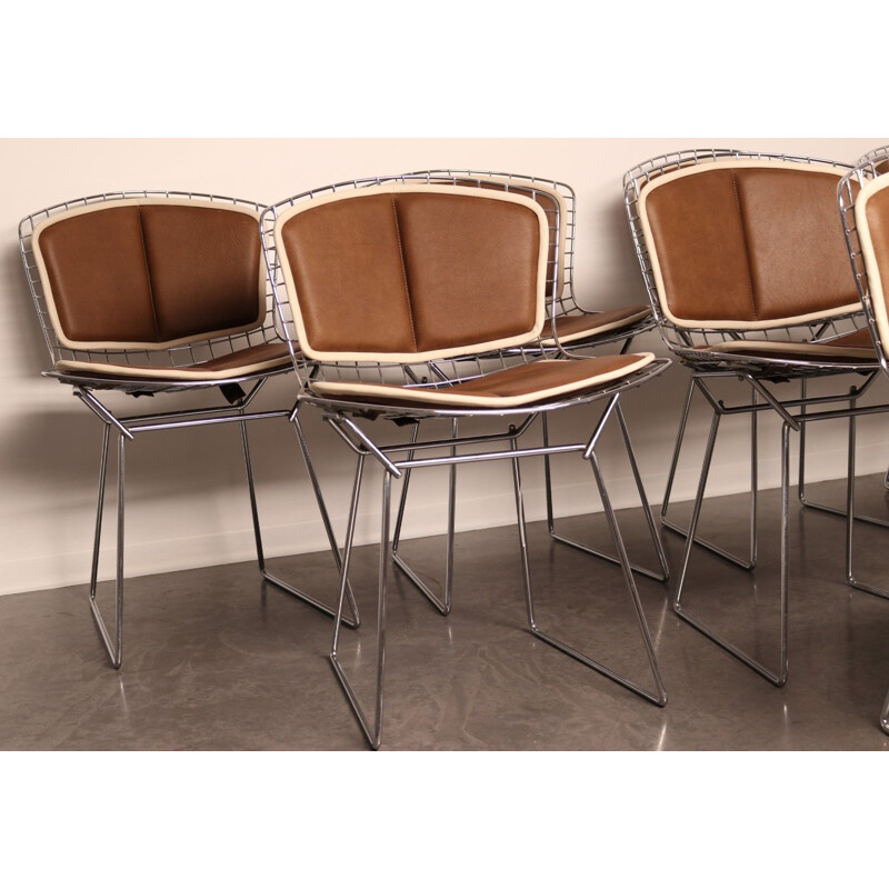 Set of 8 vintage chrome plated steel and leather dining chairs model 420 by H. Bertoia for Knoll, 1960s