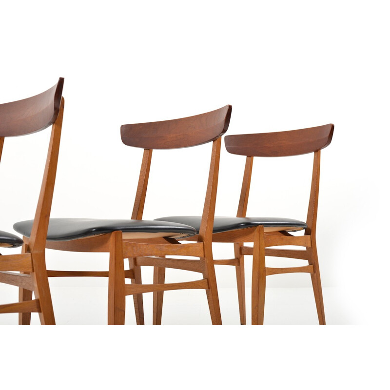 Conjunto de 4 cadeiras escandinavas de teca e pele preta, 1950