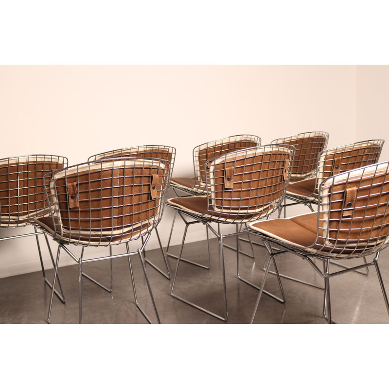 Set of 8 vintage chrome plated steel and leather dining chairs model 420 by H. Bertoia for Knoll, 1960s