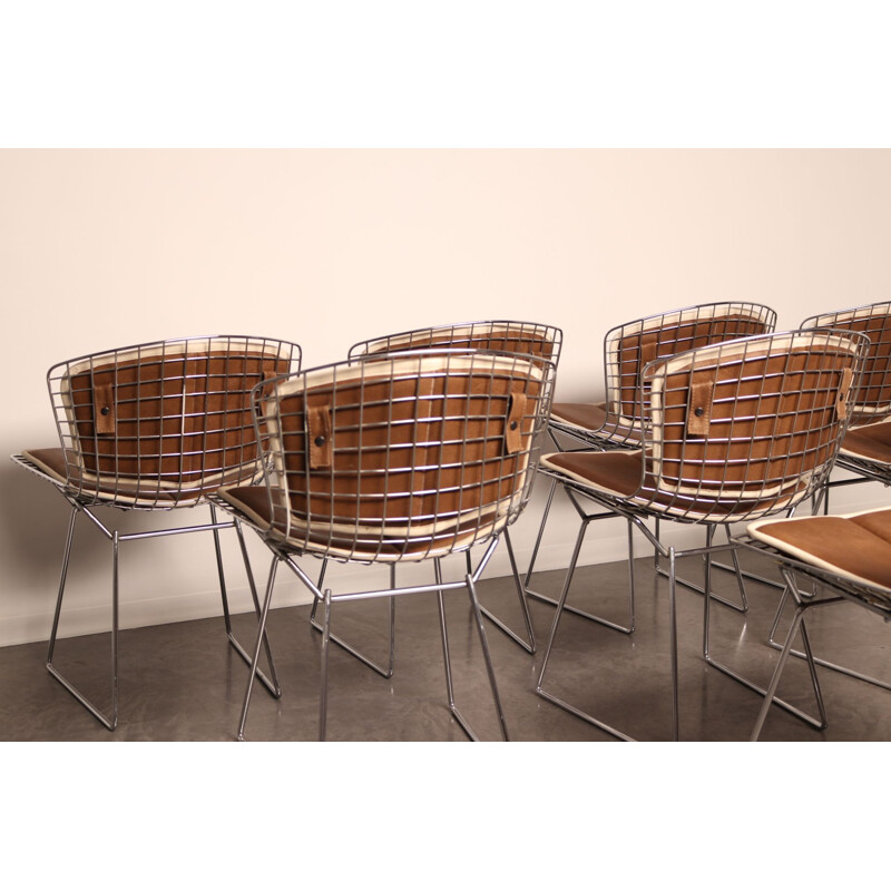 Set of 8 vintage chrome plated steel and leather dining chairs model 420 by H. Bertoia for Knoll, 1960s