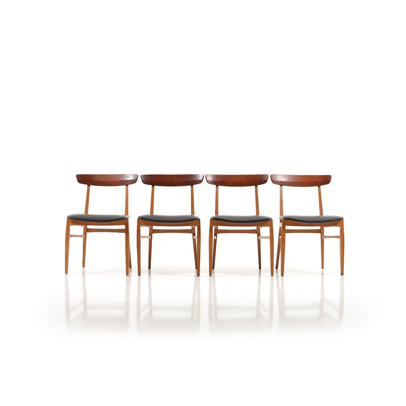 Set of 4 Scandinavian vintage chairs in teak and black leatherette, 1950