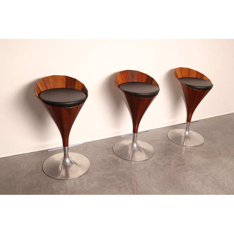 Set of 3 vintage swivel bar stools in rosewood by John Mortensen for Dyrlund, Denmark 1970s