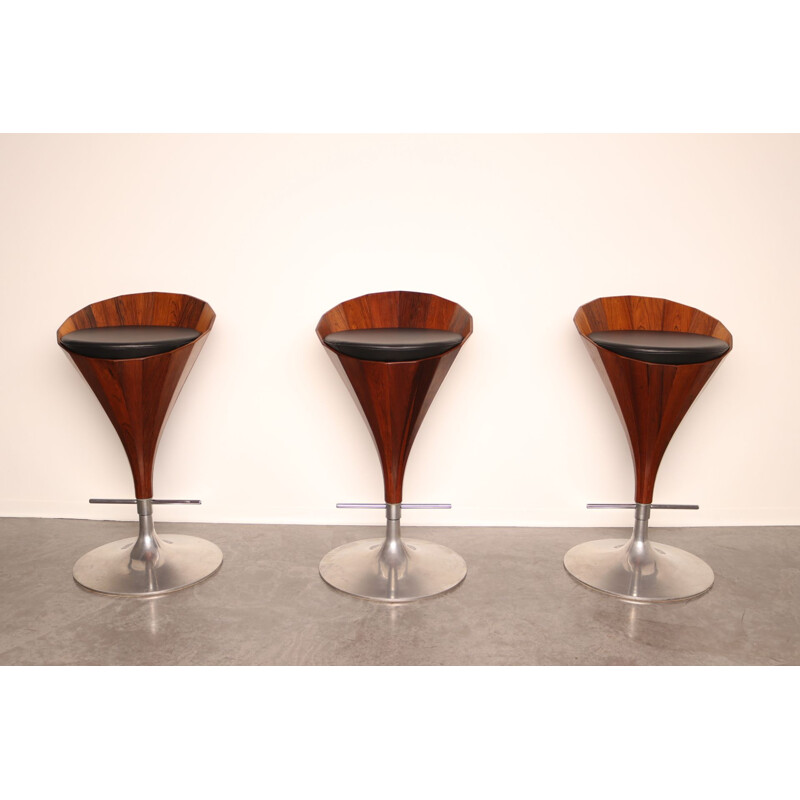 Set of 3 vintage swivel bar stools in rosewood by John Mortensen for Dyrlund, Denmark 1970s