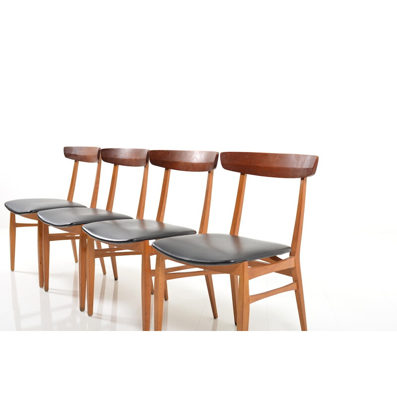 Set of 4 Scandinavian vintage chairs in teak and black leatherette, 1950