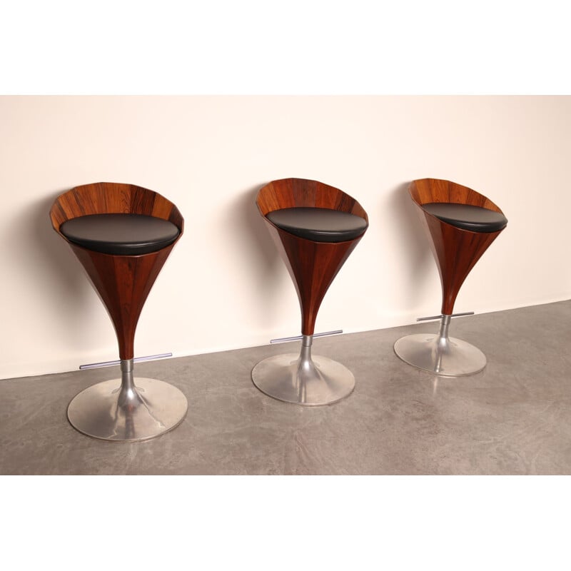 Set of 3 vintage swivel bar stools in rosewood by John Mortensen for Dyrlund, Denmark 1970s