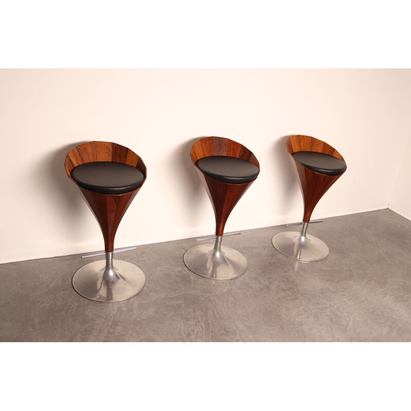 Set of 3 vintage swivel bar stools in rosewood by John Mortensen for Dyrlund, Denmark 1970s