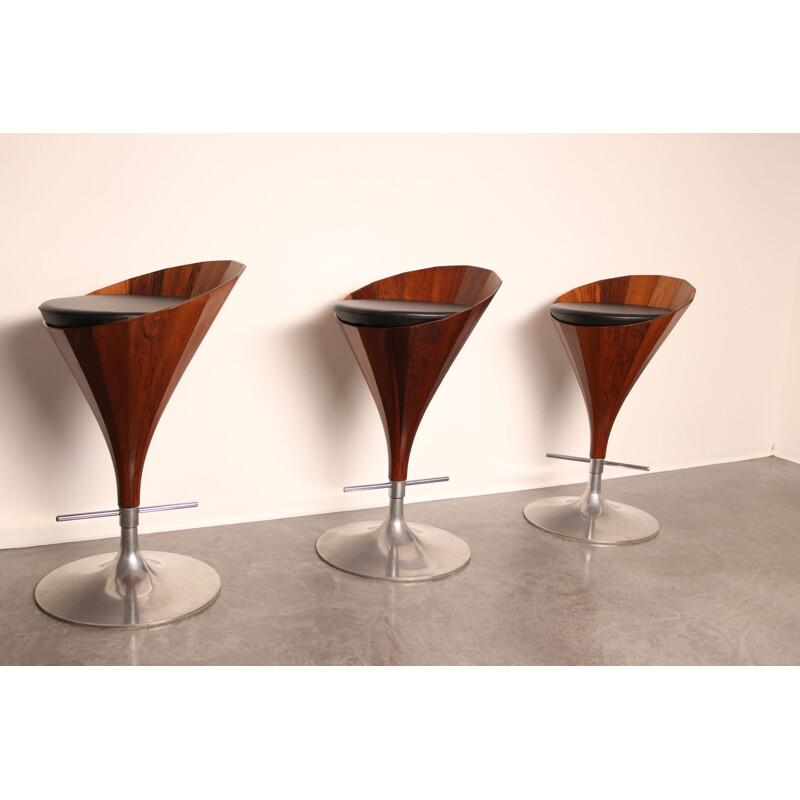 Set of 3 vintage swivel bar stools in rosewood by John Mortensen for Dyrlund, Denmark 1970s