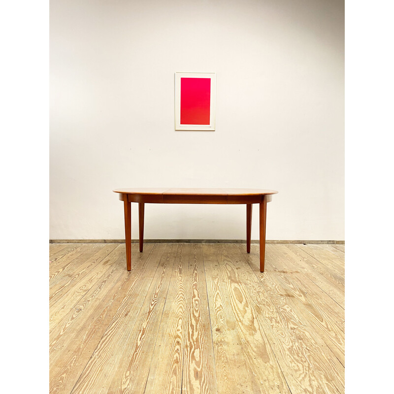 Round mid century teak extendable dining table by Sighs and Sons, Denmark 1960s