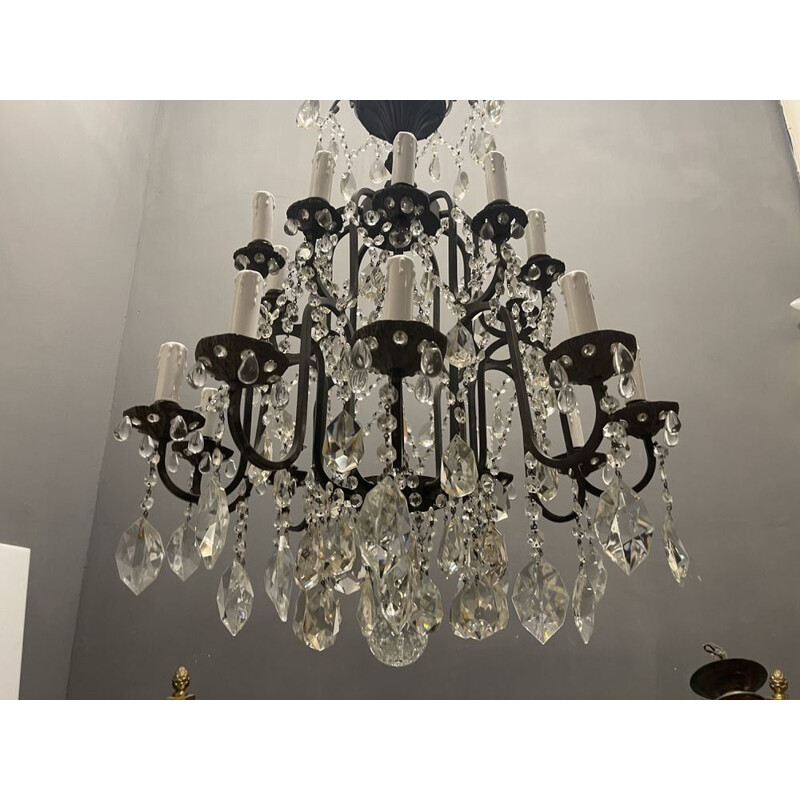 Vintage crystal and wrought iron chandelier, 1920s
