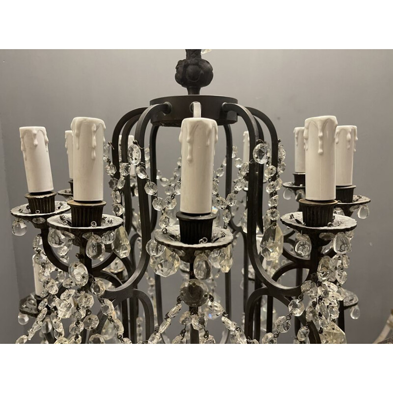 Vintage crystal and wrought iron chandelier, 1920s