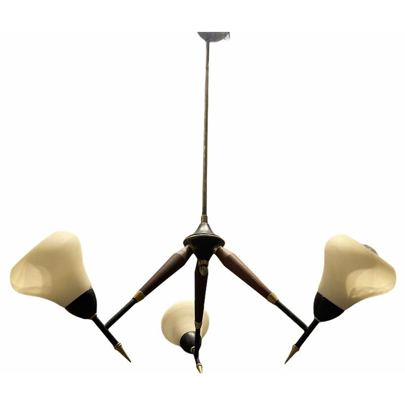 Mid century opaline glass & wood veneer chandelier, 1950s