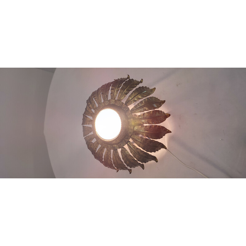 Mid century ceiling lamp sun covered with gold leaf, Spain 1970s
