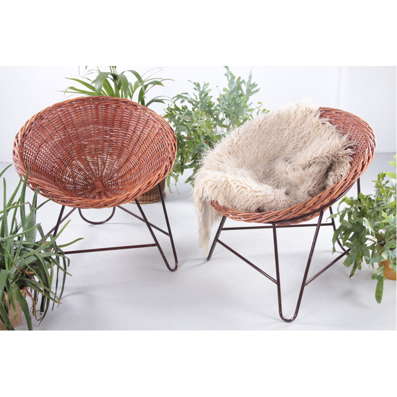 Pair of vintage wicker chairs by Mathieu Matégot, France 1950s