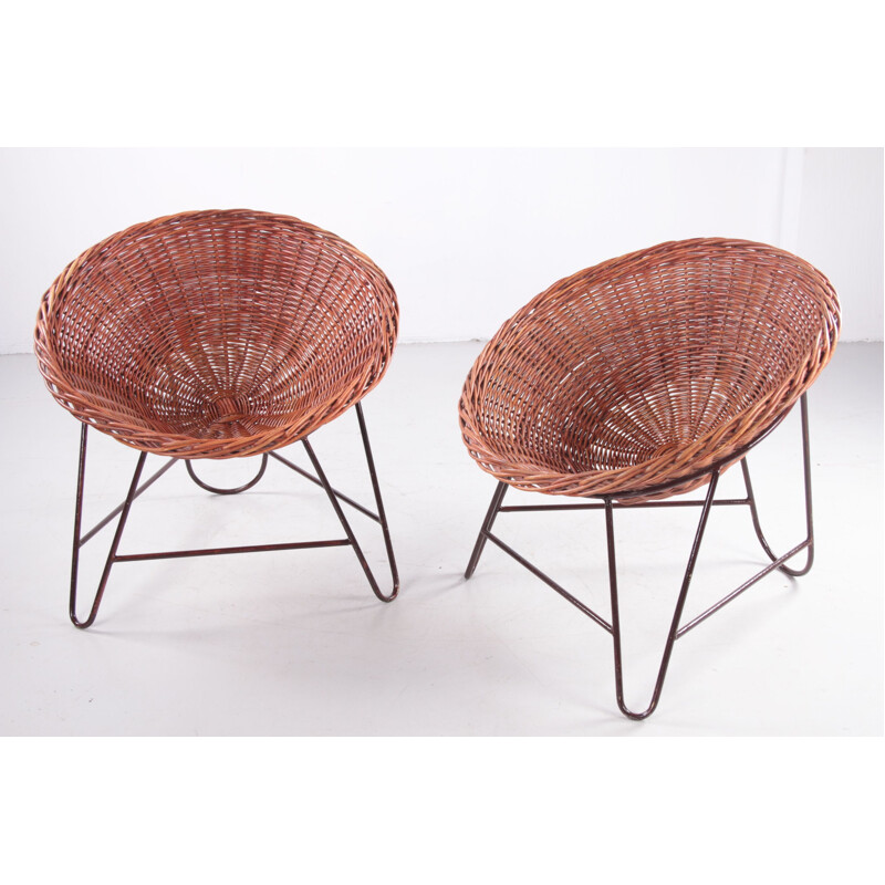 Pair of vintage wicker chairs by Mathieu Matégot, France 1950s