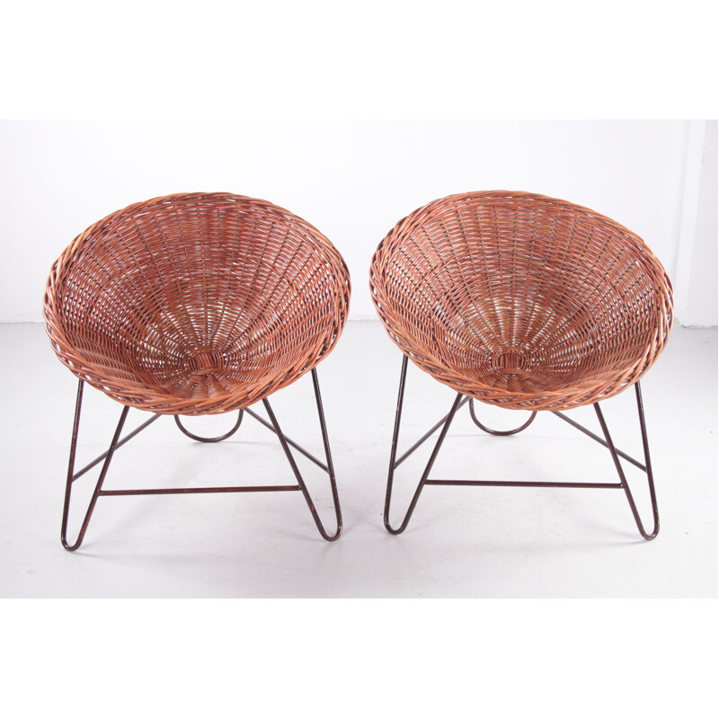 Pair of vintage wicker chairs by Mathieu Matégot, France 1950s