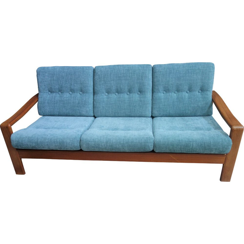 Vintage blue 3 seat teak sofa, 1960s