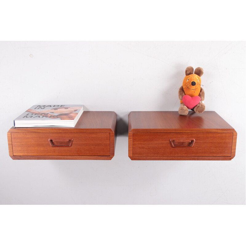 Pair of teak floating vintage night stands with drawer, Denmark 1960s