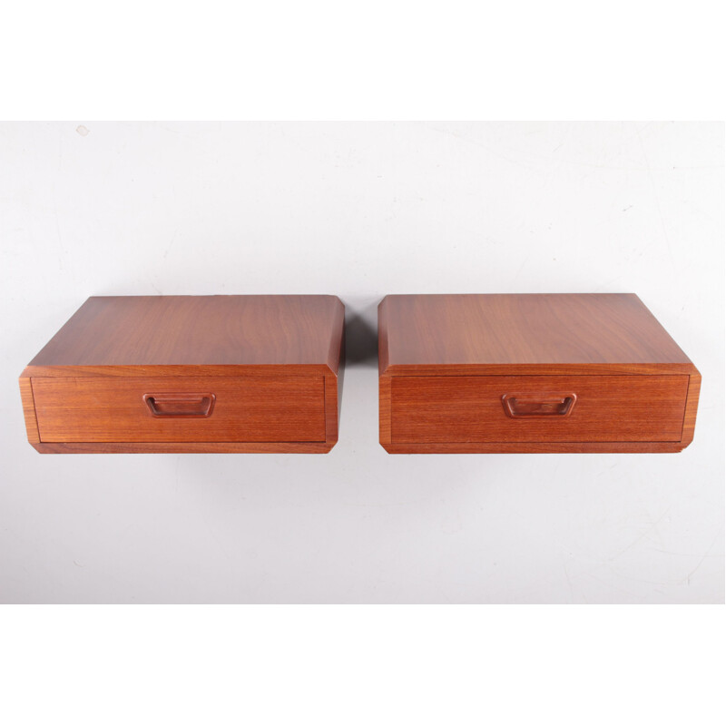 Pair of teak floating vintage night stands with drawer, Denmark 1960s