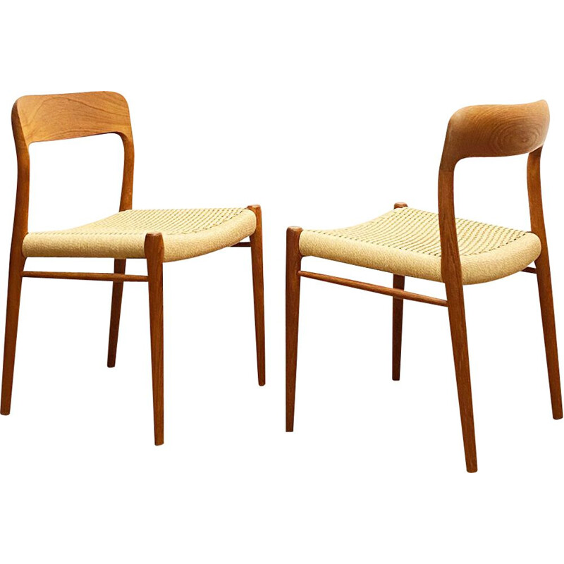 Pair of mid century model 75 teak dining chairs by Niels O. Møller for J.L. Moller, Denmark, 1950s