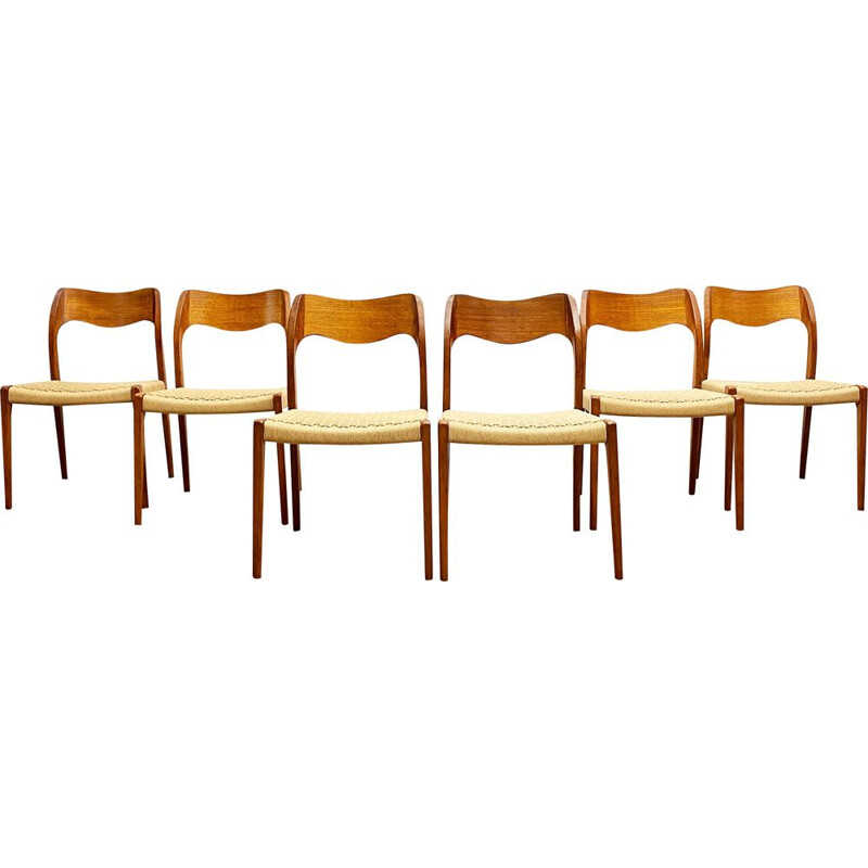 Ensemble de 6 chaises danoises vintage en teck modèle 71 par Niels O. Møller pour J.L. Moller, 1950