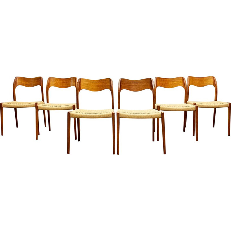 Set of 6 Danish vintage teak model 71 dining chairs by Niels O. Møller for J.L. Moller, 1950s