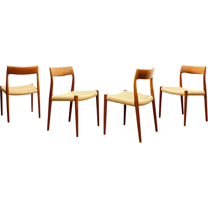 Set of 4 Danish vintage teak model 77 dining chairs by Niels O. Møller for J.L. Moller, 1950s