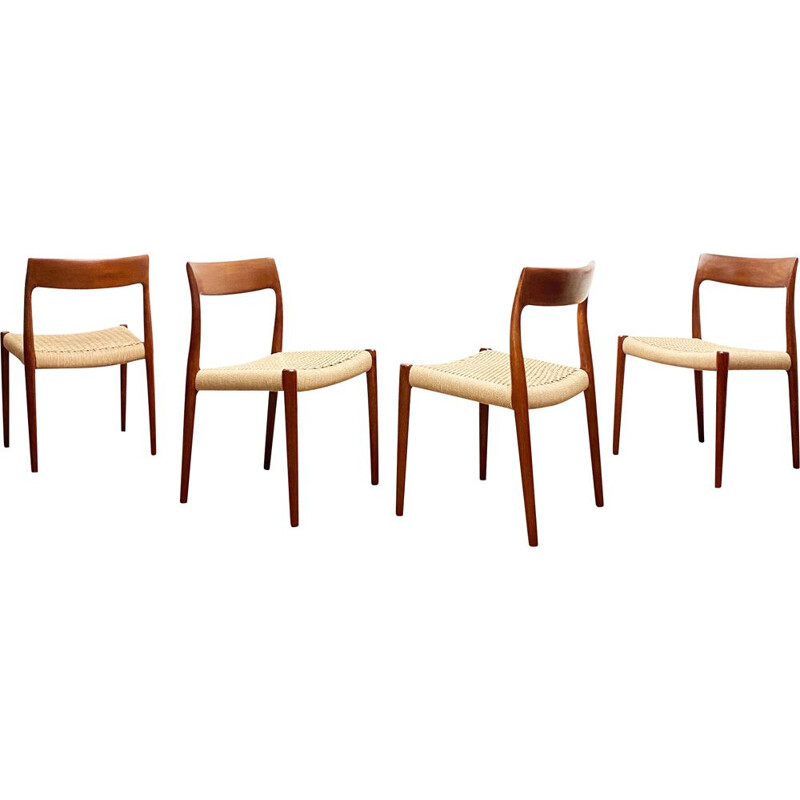 Vintage set of 4 model 77 teak and paper cord dining chairs by Niels O. Møller for J.L. Moller, Denmark 1950s