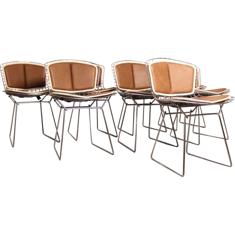 Set of 8 vintage chrome plated steel and leather dining chairs model 420 by H. Bertoia for Knoll, 1960s