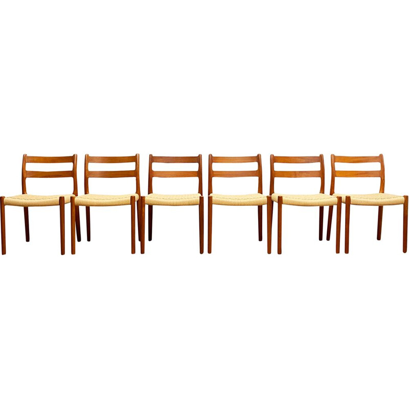 Set of 6 Danish mid century teak model 84 dining chairs by Niels O. Møller for J.L. Moller, 1950s