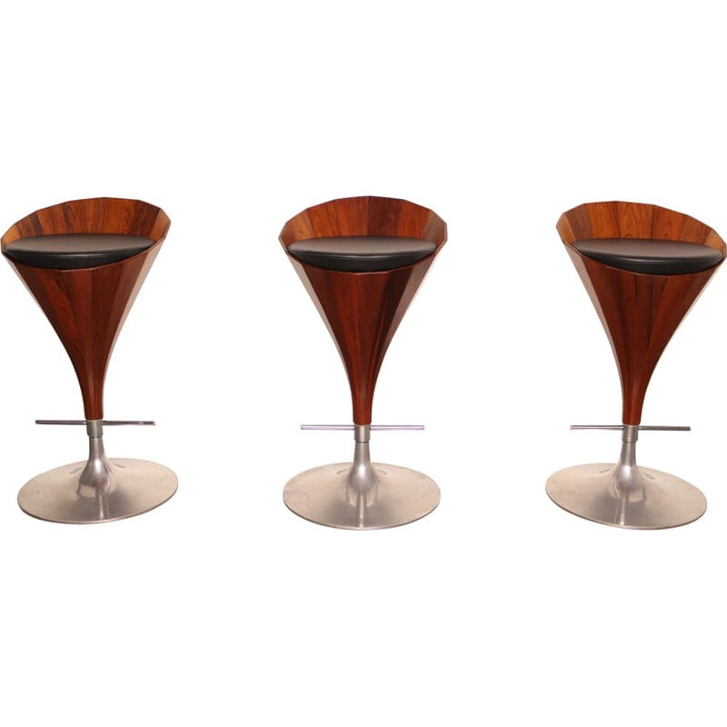 Set of 3 vintage swivel bar stools in rosewood by John Mortensen for Dyrlund, Denmark 1970s