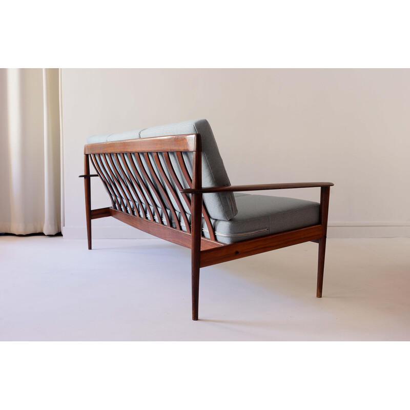 Vintage rosewood and fabric 3-seater sofa by Grete Jalk for Poul Jeppessens, Denmark 1960s