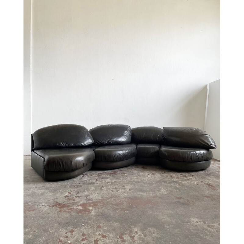 Organic shape sectional black leather vintage sofa by Wiener Werkstätte, Austria 1970s