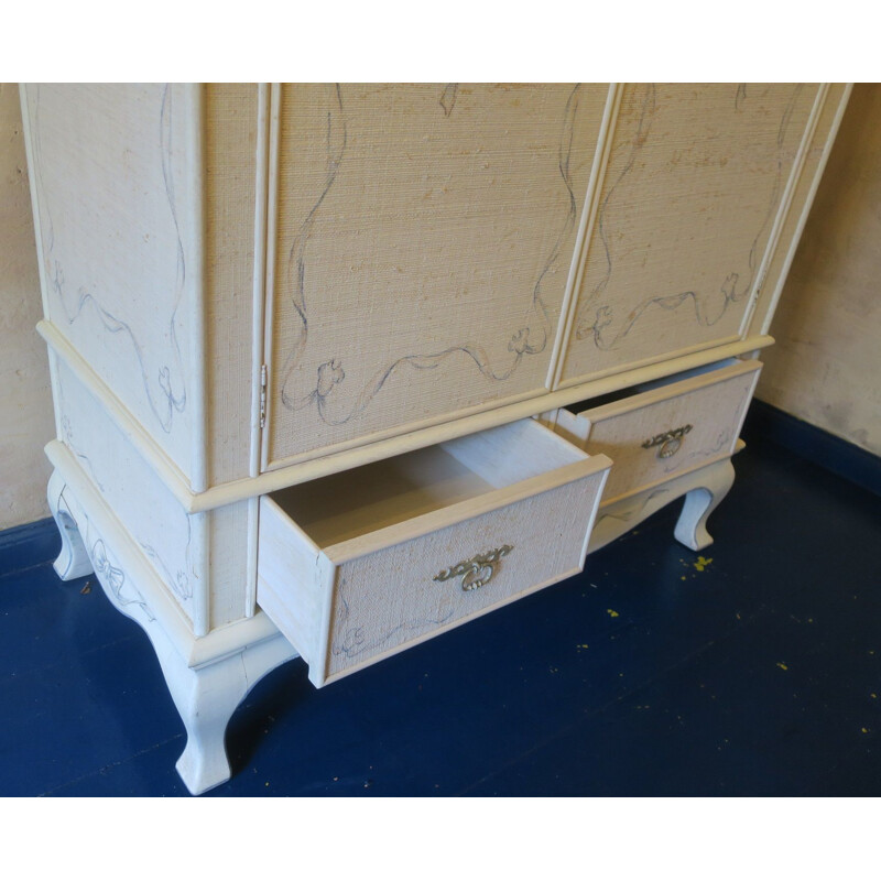 Vintage hand painted cabinet in solid oakwood with burlap hessian finish, 1980s